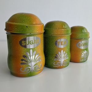 Vintage nesting tins sugar tea coffee mottled green and orage